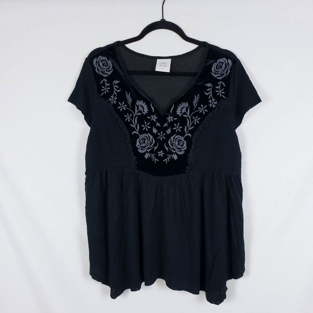 Knox Rose Whimsigoth Top Womens M? Black Smocked Velvet Flowy Romantic Dark Boho